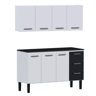 Cozinha de Aço Balcão Com Tampo Preto e Armário Aéreo Novo Vênus 150 Cozimax Branco/Preto