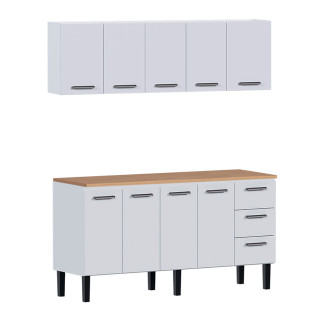 Cozinha de Aço Balcão Com Tampo Jequitiba e Armário Aéreo Novo Vênus 180 Cozimax Branco