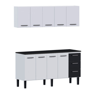 Cozinha de Aço Balcão Com Tampo Preto e Armário Aéreo Novo Vênus 180 Cozimax Branco/Preto