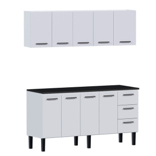 Cozinha de Aço Balcão Com Tampo Preto e Armário Aéreo Novo Vênus 180 Cozimax Branco