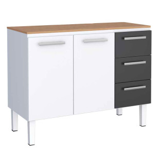 Balcão de Aço Cozinha 117x92x52cm 3 Gavetas Com Tampo Jequitiba Vênus 120 Cozimax Branco/Preto