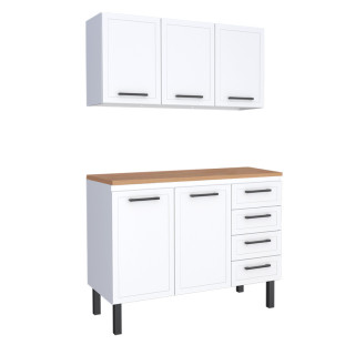 Cozinha Completa Balcão de Aço com Tampo Madeira e Armário Aéreo Juno 120 Cozimax Branco/Jequitiba