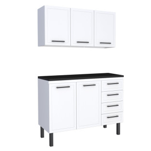 Cozinha Completa Balcão de Aço com Tampo Madeira e Armário Aéreo Juno 120 Cozimax Branco/Preto