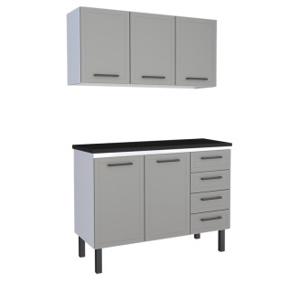 Cozinha Completa Balcão de Aço com Tampo Madeira e Armário Aéreo Juno 120 Cozimax Cinza/Preto