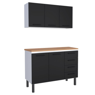 Cozinha Completa Balcão de Aço com Tampo Madeira e Armário Aéreo Juno 120 Cozimax Preto/Jequitiba