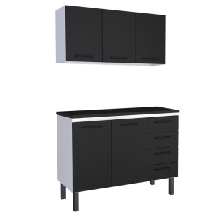 Cozinha Completa Balcão de Aço com Tampo Madeira e Armário Aéreo Juno 120 Cozimax Preto/Preto