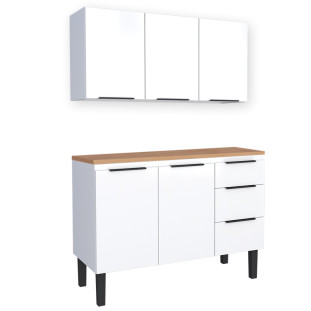 Cozinha Completa Balcão Aço com Tampo Madeira e Armário Aéreo Júpiter 120 Cozimax Branco/Jequitiba