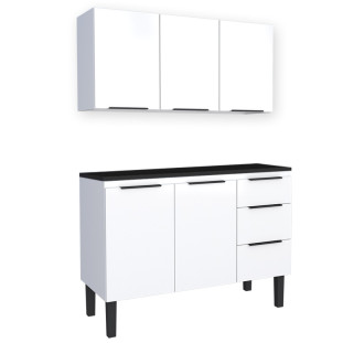 Cozinha Completa Balcão Aço com Tampo Madeira e Armário Aéreo Júpiter 120 Cozimax Branco/Preto
