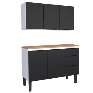 Cozinha Completa Balcão Aço com Tampo Madeira e Armário Aéreo Júpiter 120 Cozimax Preto/Jequitiba