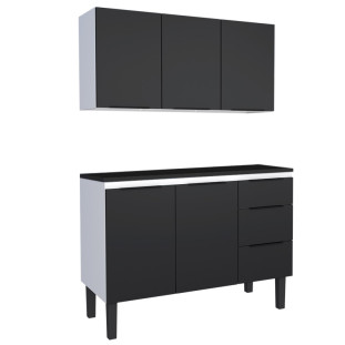 Cozinha Completa Balcão Aço com Tampo Madeira e Armário Aéreo Júpiter 120 Cozimax Preto/Preto