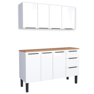 Cozinha Completa Balcão Aço com Tampo Madeira e Armário Aéreo Júpiter 140 Cozimax Branco/Jequitiba