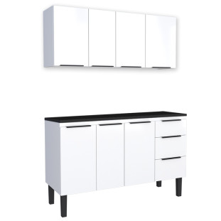 Cozinha Completa Balcão Aço com Tampo Madeira e Armário Aéreo Júpiter 140 Cozimax Branco/Preto