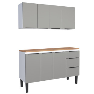 Cozinha Completa Balcão Aço com Tampo Madeira e Armário Aéreo Júpiter 140 Cozimax Cinza/Jequitiba