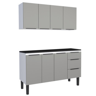 Cozinha Completa Balcão Aço com Tampo Madeira e Armário Aéreo Júpiter 140 Cozimax Cinza/Preto