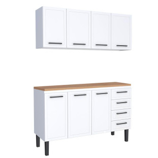 Cozinha Completa Balcão de Aço com Tampo Madeira e Armário Aéreo Juno 150 Cozimax Branco/Jequitiba