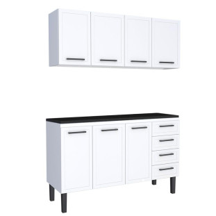 Cozinha Completa Balcão de Aço com Tampo Madeira e Armário Aéreo Juno 150 Cozimax Branco/Preto