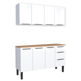 Cozinha Completa Balcão Aço com Tampo Madeira e Armário Aéreo Júpiter 150 Cozimax Branco/Jequitiba