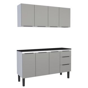 Cozinha Completa Balcão Aço com Tampo Madeira e Armário Aéreo Júpiter 150 Cozimax Cinza/Preto