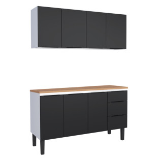 Cozinha Completa Balcão Aço com Tampo Madeira e Armário Aéreo Júpiter 160 Cozimax Preto/Jequitiba