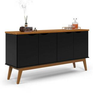 Buffet Aparador 160cm 4 Portas Pés Madeira Prism Patrimar Preto/Cumaru