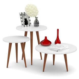 Conjunto com 3 Mesas Apoio Lateral e Centro Redonda Legs Patrimar Branco