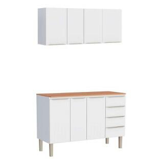 Cozinha Completa Aço Balcão com Tampo Jequitibá e Armário Aéreo 140 Flora Cozimax Branco