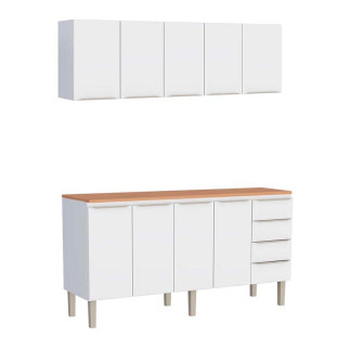 Cozinha Completa Aço Balcão com Tampo Jequitibá e Armário Aéreo 180 Flora Cozimax Branco