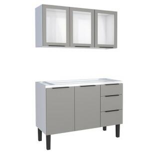 Cozinha Completa Gabinete Para Pia 120cm e Armário Aéreo Portas Vidro Júpiter Cozimax Cinza Argila