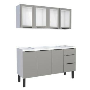 Cozinha Completa Gabinete Para Pia 150cm e Armário Aéreo Portas Vidro Júpiter Cozimax Cinza Argila