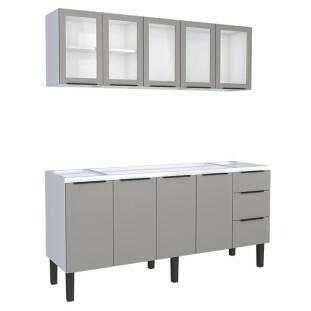 Cozinha Completa Gabinete Para Pia 180cm e Armário Aéreo Portas Vidro Júpiter Cozimax Cinza Argila