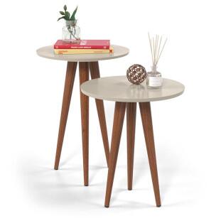 Kit com 2 Mesas Apoio e Lateral Retrô Redonda Slim Patrimar Off White