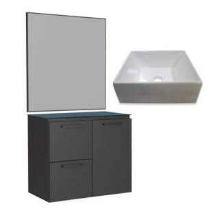 Conjunto Banheiro Aço Gabinete Osiris 60 Com Espelho Gaia e Cuba Prisma Cozimax Preto
