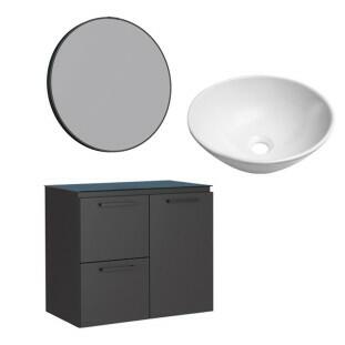 Conjunto Banheiro Aço Gabinete Osiris 60 Com Espelho Luna e Cuba Cuia Branca Cozimax Preto