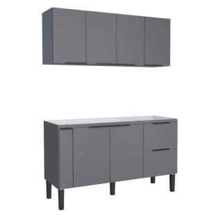 Cozinha Completa de Madeira Gabinete Para Pia 150cm e Armário Aéreo Cisne Cozimax Cinza