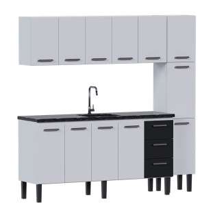 Cozinha Completa de Aço Gabinete Para Pia 180cm com Aéreo e Paneleiro Novo Vênus Cozimax Branco/Preto