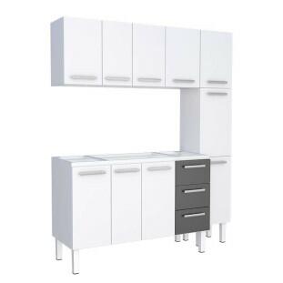 Cozinha Completa de Aço Gabinete Para Pia 150cm com Aéreo e Paneleiro Vênus Cozimax Branco/Preto