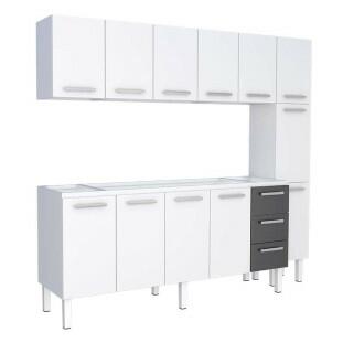 Cozinha Completa de Aço Gabinete Para Pia 200cm com Aéreo e Paneleiro Vênus Cozimax Branco/Preto