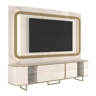 Estante Home Sala 240cm Para TV 75 Pol Atlanta Lukaliam Off White/Dourado