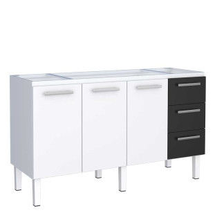 Gabinete de Aço Para Pia de 160cm 3 Gavetas 153x92x52cm Vênus Cozimax Branco/Preto