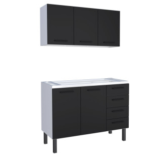 Cozinha Completa Gabinete Para Pia 120cm 4 Gavetas e Armário Aéreo Juno Cozimax Preto