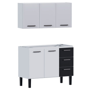 Cozinha de Aço Gabinete Para Pia 120cm com Armário Aéreo Novo Vênus Cozimax Branco/Preto
