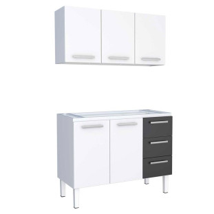 Cozinha de Aço Gabinete Para Pia 120cm com Armário Aéreo Vênus Cozimax Branco/Preto
