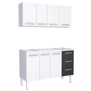 Cozinha de Aço Gabinete Para Pia 140cm com Armário Aéreo Vênus Cozimax Branco/Preto