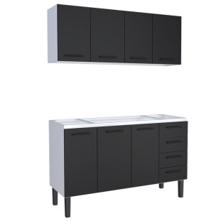 Cozinha Completa Gabinete Para Pia 150cm 4 Gavetas e Armário Aéreo Juno Cozimax Preto