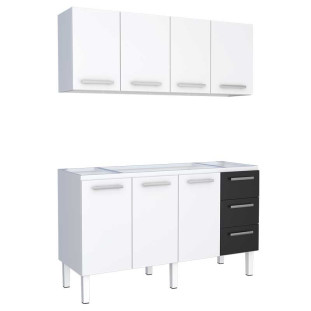 Cozinha de Aço Gabinete Para Pia 150cm com Armário Aéreo Vênus Cozimax Branco/Preto