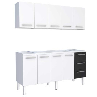 Cozinha de Aço Gabinete Para Pia 180cm com Armário Aéreo Vênus Cozimax Branco/Preto