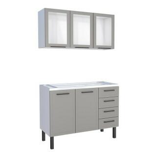 Cozinha Completa Gabinete Para Pia 120 e Armário Aéreo Porta Vidro Juno/Apolo 4 Gavetas Cozimax Cinza Argila
