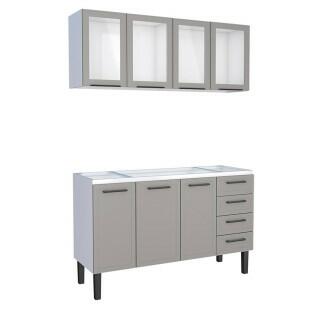 Cozinha Completa Gabinete Para Pia 150 e Armário Aéreo Portas Vidro Juno/Apolo 4 Gavetas Cozimax Cinza Argila