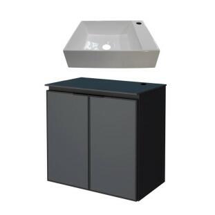 Gabinete Para Banheiro Preto Aço Umbu Tampo Vidro Com Cuba Prisma Base Cozimax 