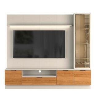 Estante Home + 1 Cristaleira Sala 225cm Para TV 75 Pol Atenas Lukaliam Off White/Jequitiba